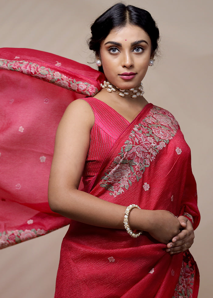 Pink Crushed Tissue Pure Silk Saree With Blouse Piece - Indian Silk House Agencies