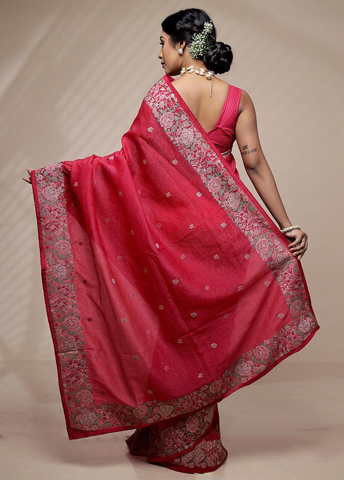 Pink Crushed Tissue Pure Silk Saree With Blouse Piece - Indian Silk House Agencies