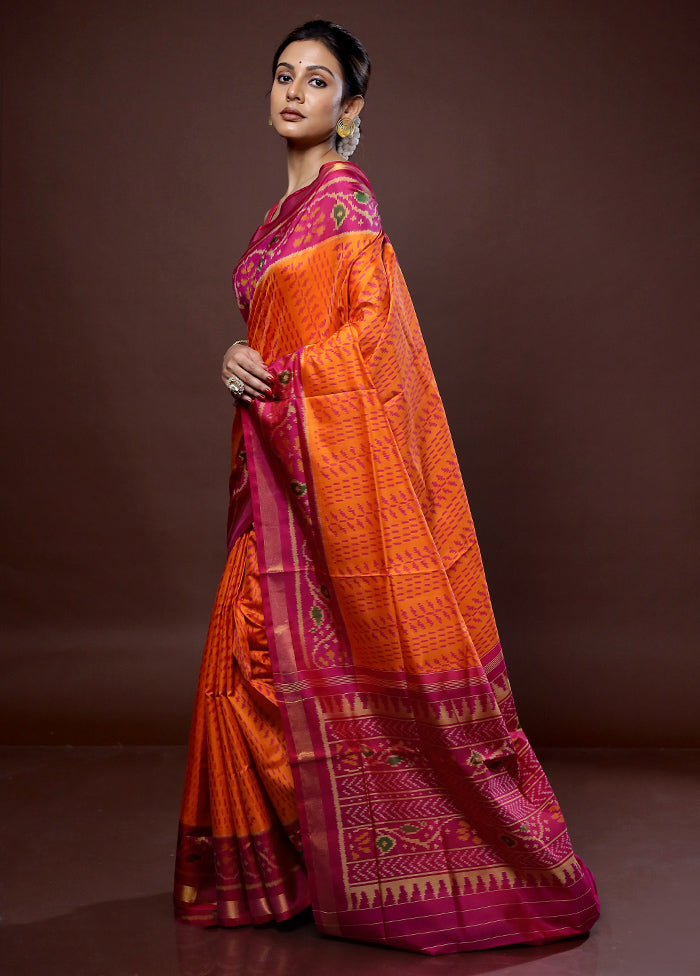 Orange Pochampally Pure Silk Saree With Blouse Piece - Indian Silk House Agencies