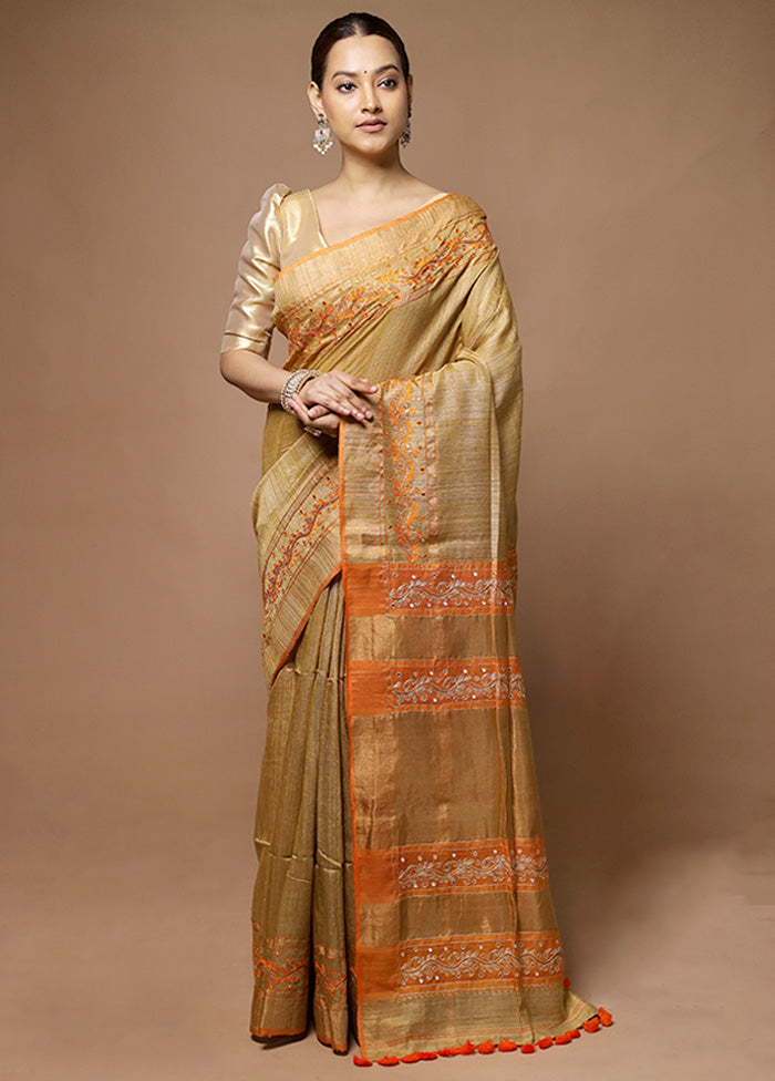 Cream Handloom Matka Pure Silk Saree With Blouse Piece