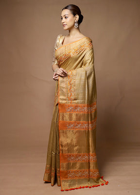 Cream Handloom Matka Pure Silk Saree With Blouse Piece