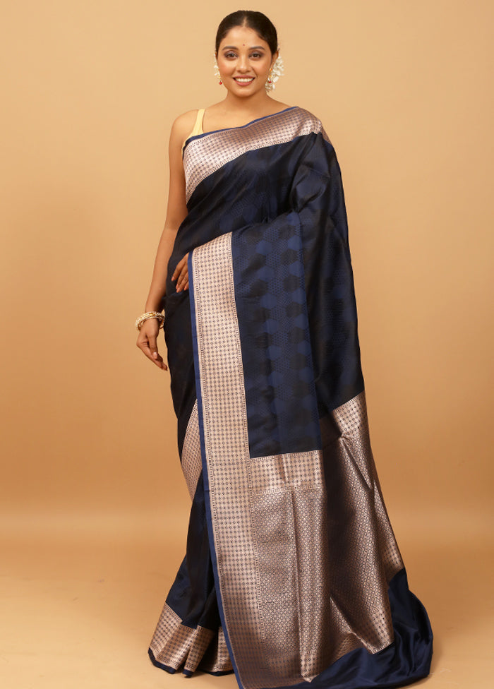 Blue Banarasi Silk Saree With Blouse Piece