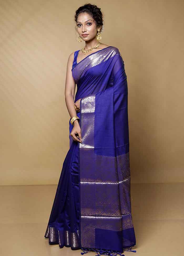 Blue Cotton Saree With Blouse Piece - Indian Silk House Agencies