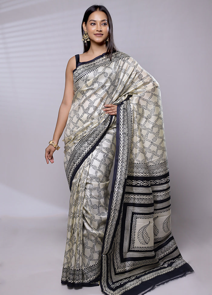 Cream Printed Pure Silk Saree Without Blouse Piece - Indian Silk House Agencies