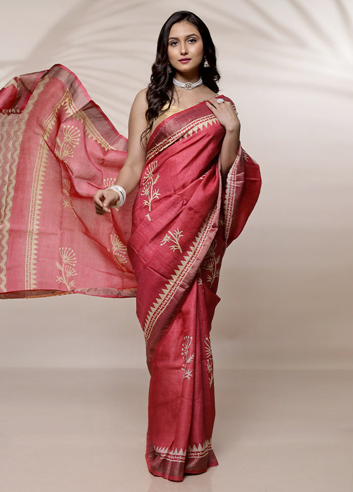 Pink Tussar Pure Silk Saree With Blouse Piece