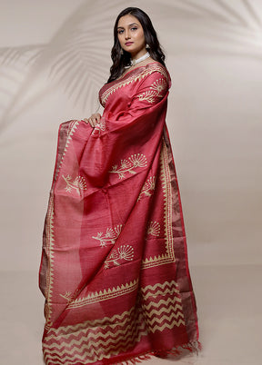 Pink Tussar Pure Silk Saree With Blouse Piece - Indian Silk House Agencies