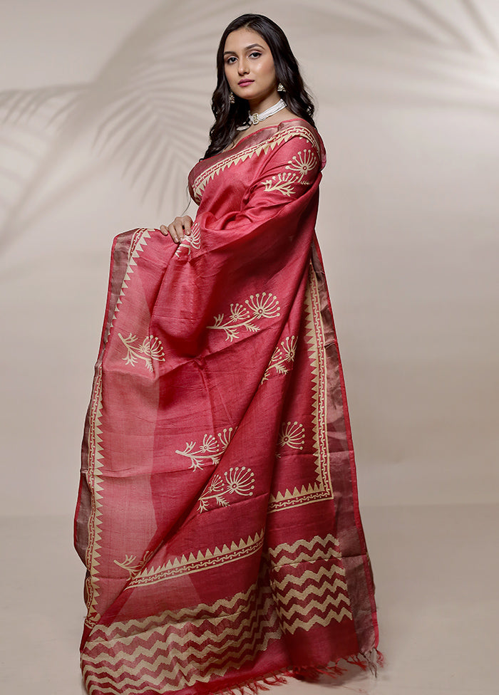 Pink Tussar Pure Silk Saree With Blouse Piece - Indian Silk House Agencies