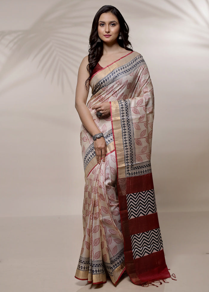 Cream Tussar Pure Silk Saree With Blouse Piece - Indian Silk House Agencies