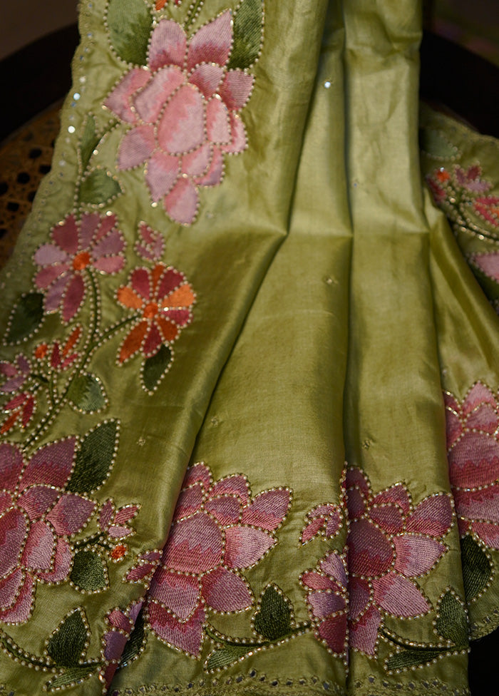 Green Tussar Pure Silk Saree With Blouse Piece