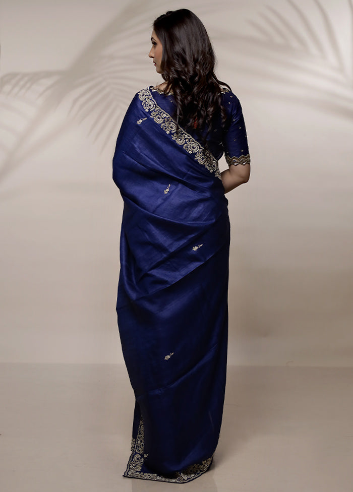 Blue Tussar Pure Silk Saree With Blouse Piece - Indian Silk House Agencies