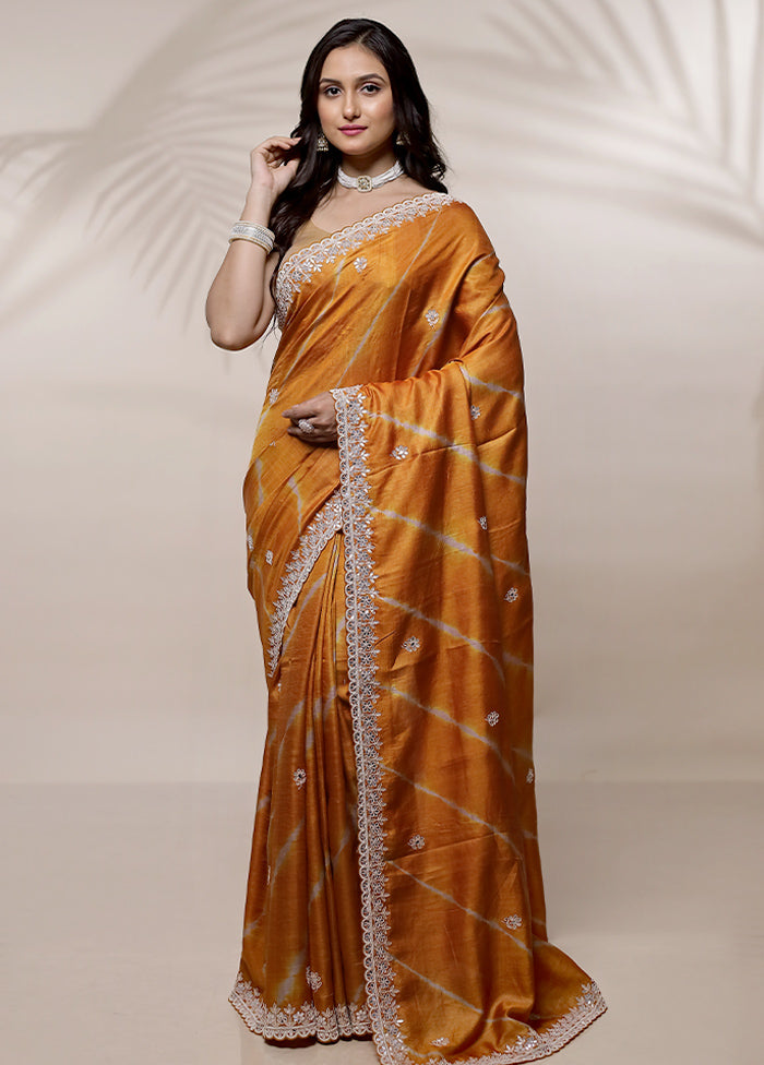 Orange Tussar Pure Silk Saree With Blouse Piece