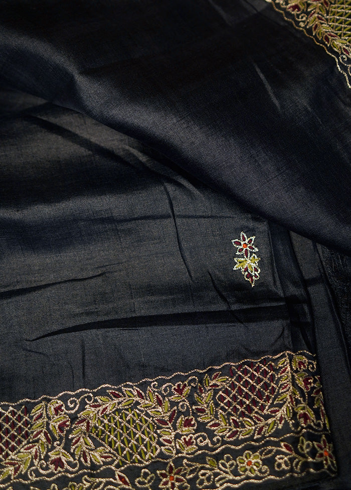 Black Tussar Pure Silk Saree With Blouse Piece