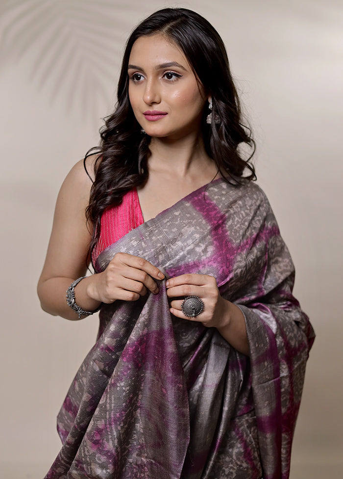 Grey Tussar Pure Silk Saree With Blouse Piece - Indian Silk House Agencies