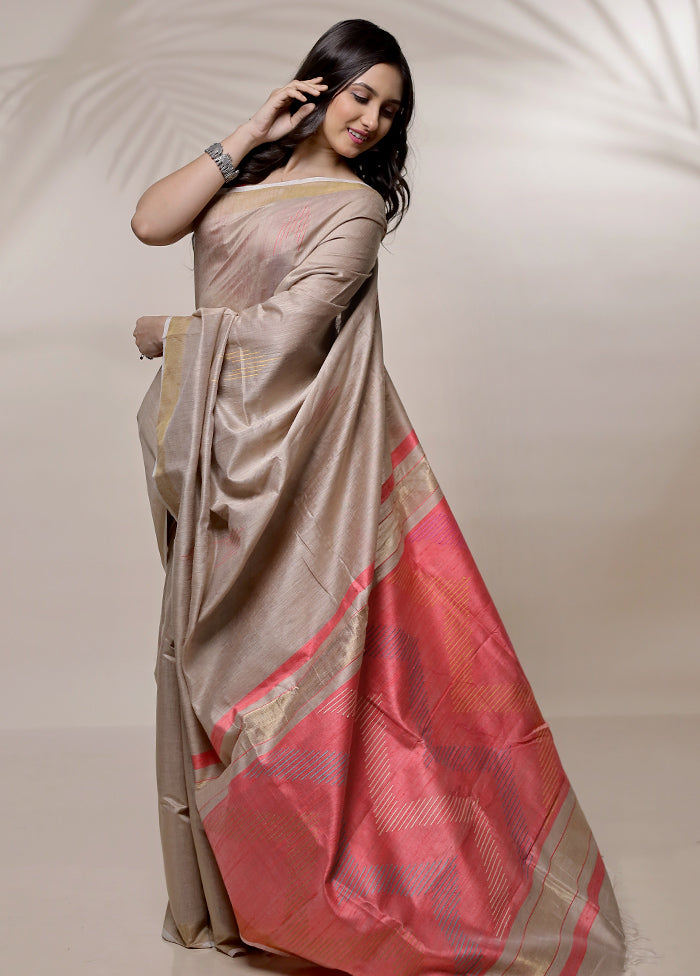 Cream Tussar Silk Saree With Blouse Piece - Indian Silk House Agencies