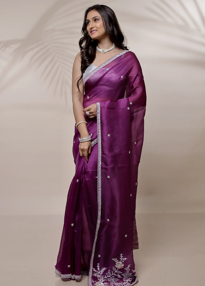 Purple Pure Organza Saree With Blouse Piece - Indian Silk House Agencies