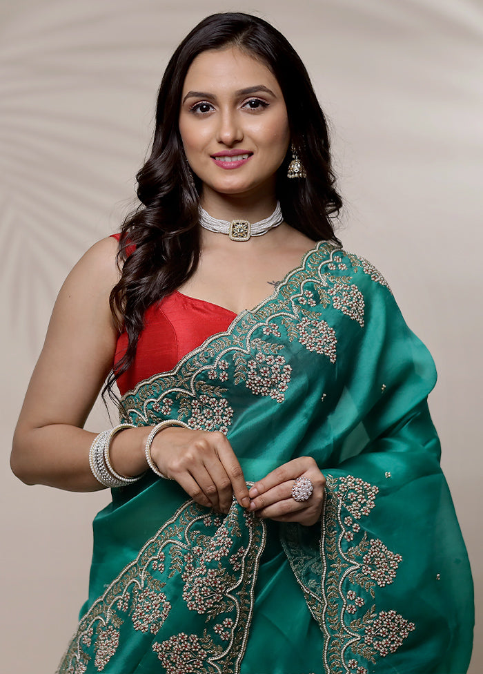 Green Pure Organza Saree With Blouse Piece