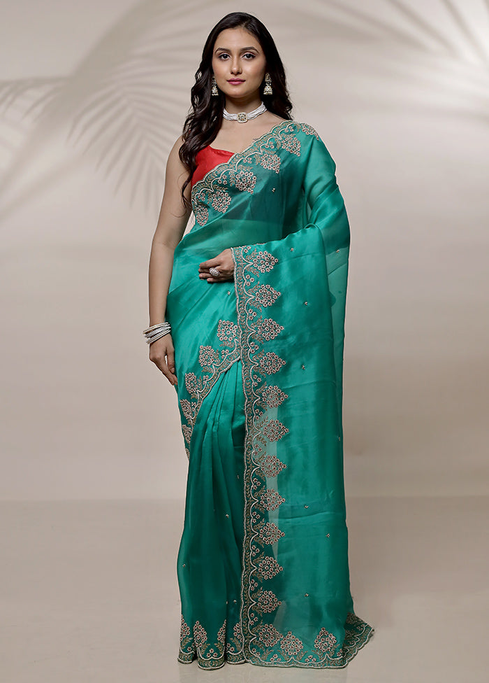 Green Pure Organza Saree With Blouse Piece - Indian Silk House Agencies