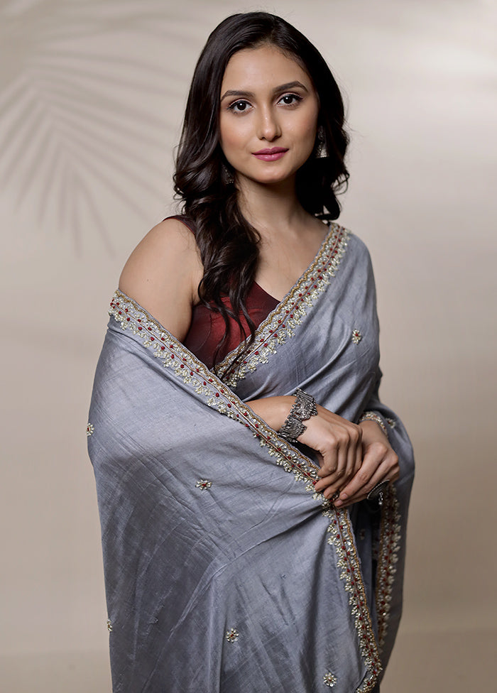 Grey Pure Organza Saree With Blouse Piece - Indian Silk House Agencies