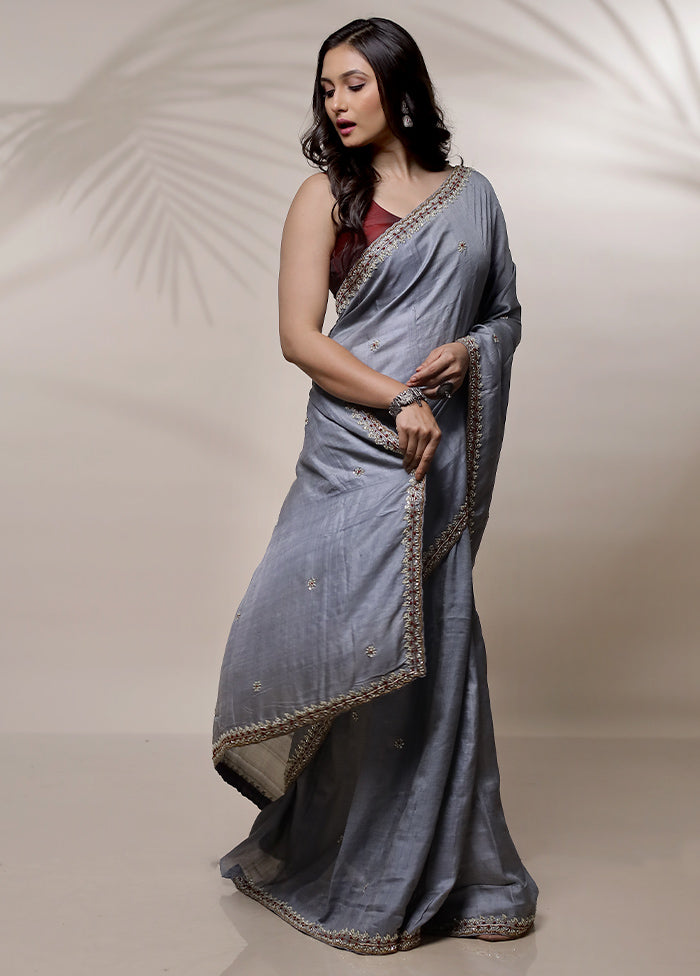 Grey Pure Organza Saree With Blouse Piece - Indian Silk House Agencies