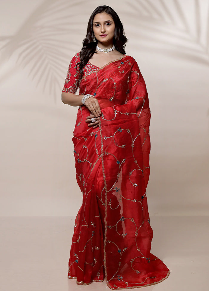 Red Pure Organza Saree With Blouse Piece - Indian Silk House Agencies