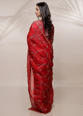 Red Pure Organza Saree With Blouse Piece - Indian Silk House Agencies