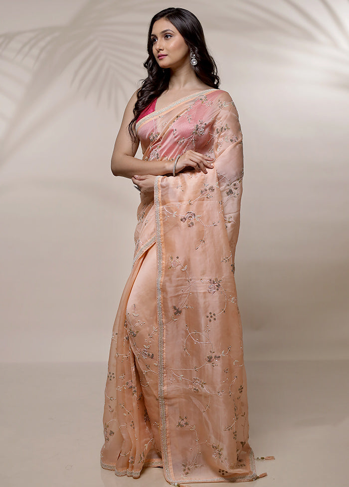 Peach Pure Organza Saree With Blouse Piece - Indian Silk House Agencies