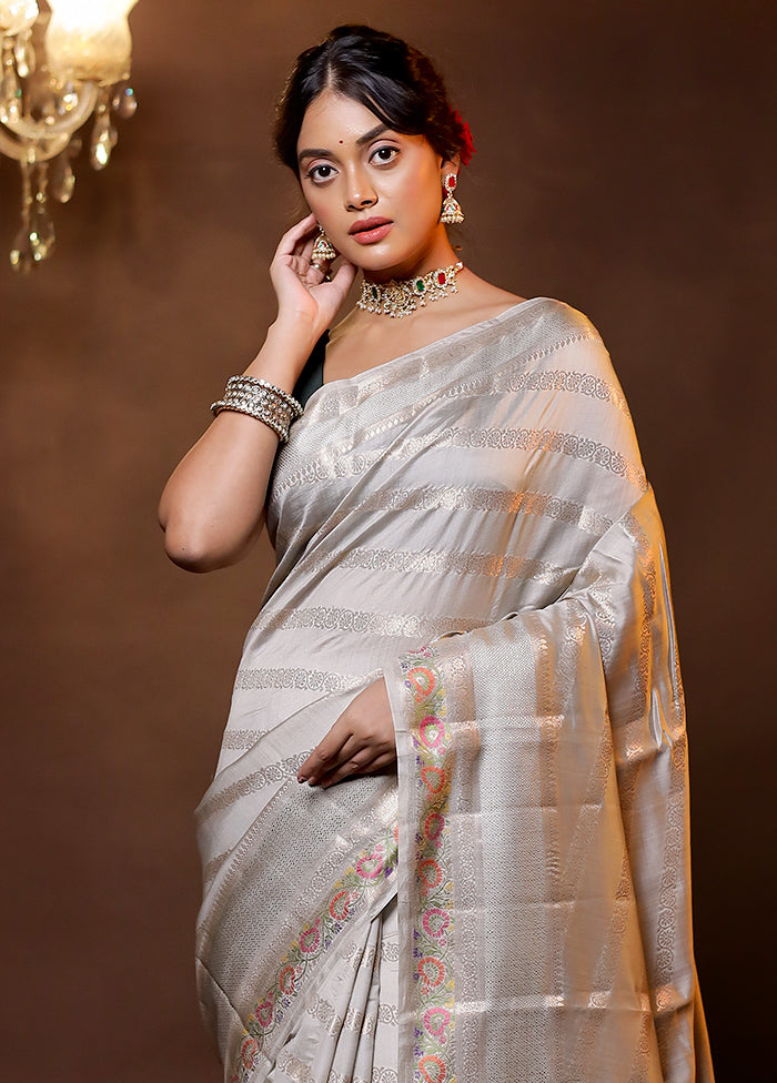 Grey Handloom Dupion Pure Silk Saree With Blouse Piece