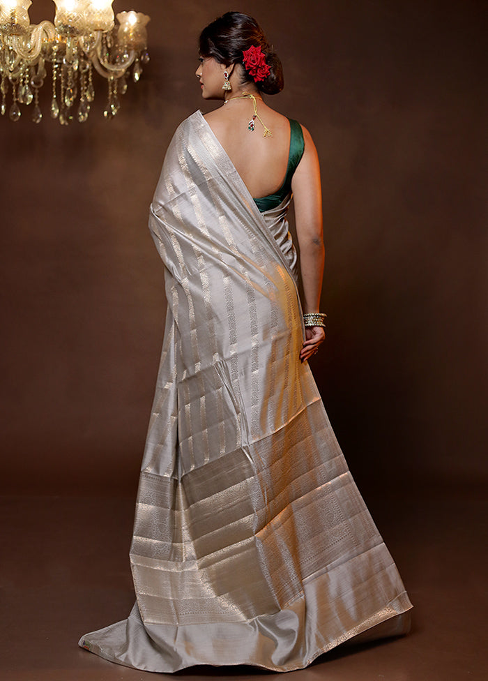 Grey Handloom Dupion Pure Silk Saree With Blouse Piece
