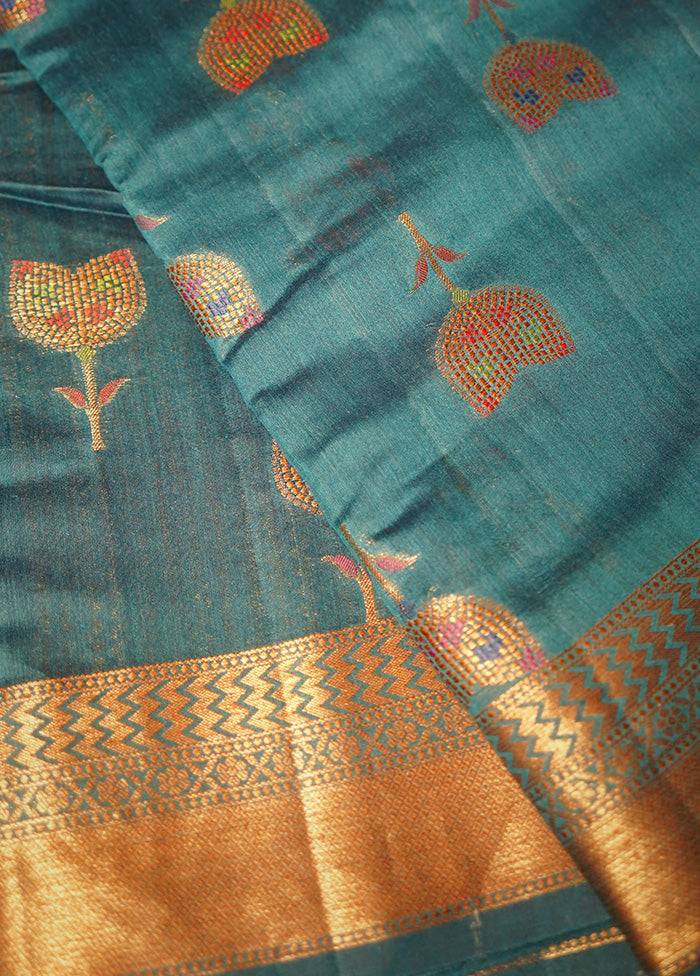 Blue Dupion Pure Silk Saree With Blouse Piece - Indian Silk House Agencies