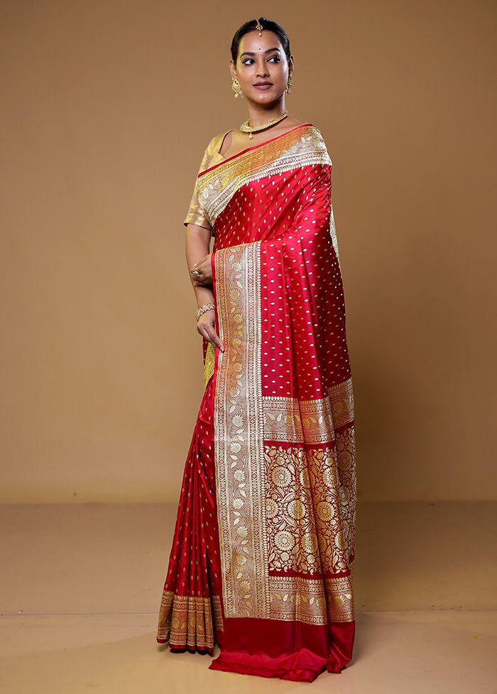 Maroon Handloom Banarasi Pure Silk Saree With Blouse Piece