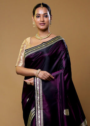 Purple Handloom Banarasi Pure Silk Saree With Blouse Piece