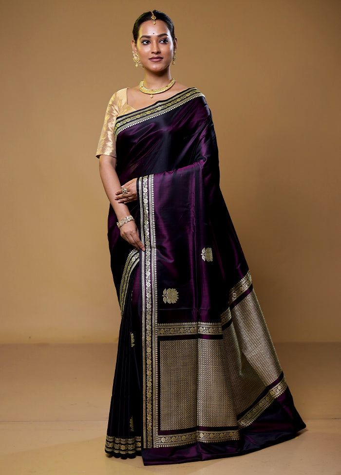 Purple Handloom Banarasi Pure Silk Saree With Blouse Piece