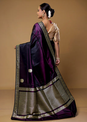 Purple Handloom Banarasi Pure Silk Saree With Blouse Piece