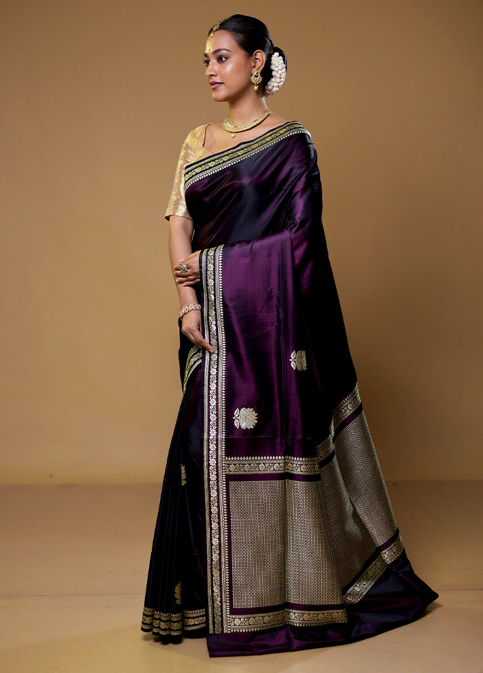 Purple Handloom Banarasi Pure Silk Saree With Blouse Piece