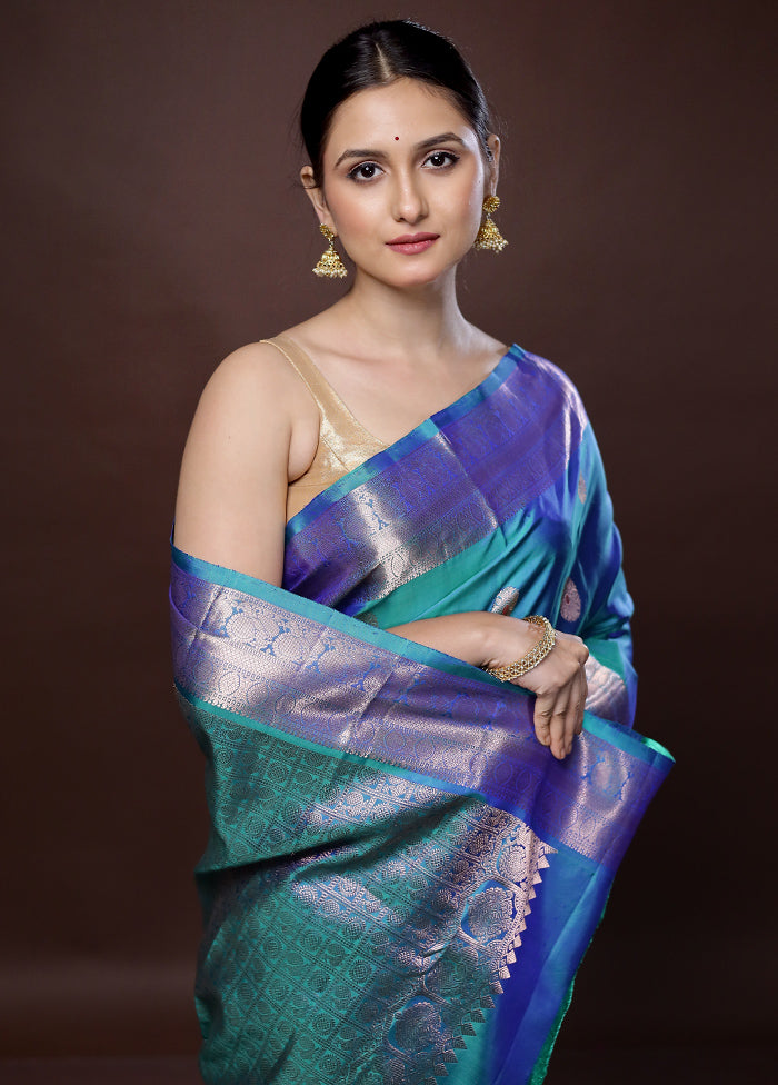 Blue Kanchipuram Pure Silk Saree With Blouse Piece - Indian Silk House Agencies