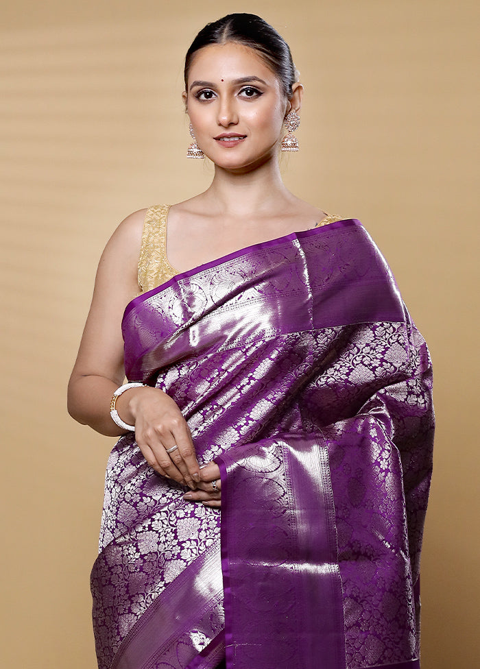 Purple Handloom Kanchipuram Pure Silk Saree With Blouse Piece