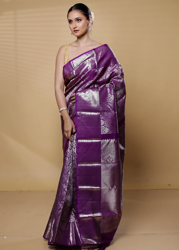 Purple Handloom Kanchipuram Pure Silk Saree With Blouse Piece