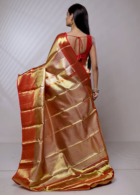 Gold Handloom Kanchipuram Pure Silk Saree With Blouse Piece