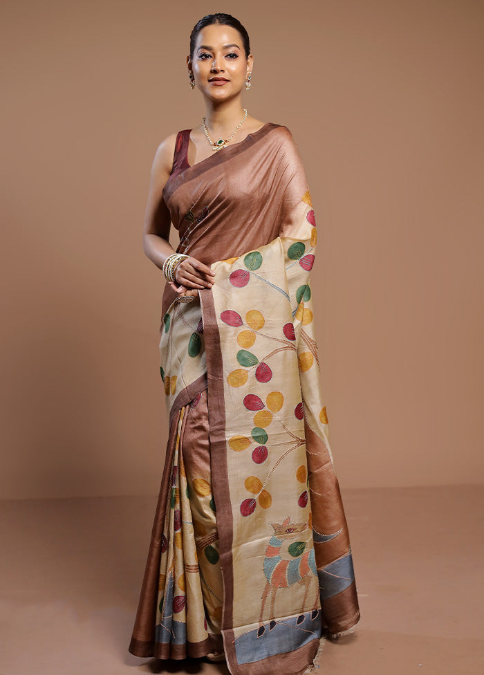 Multicolor Handloom Tussar Pure Silk Saree With Blouse Piece