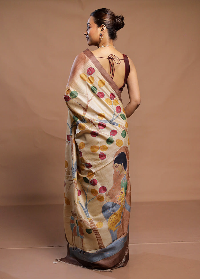 Multicolor Handloom Tussar Pure Silk Saree With Blouse Piece