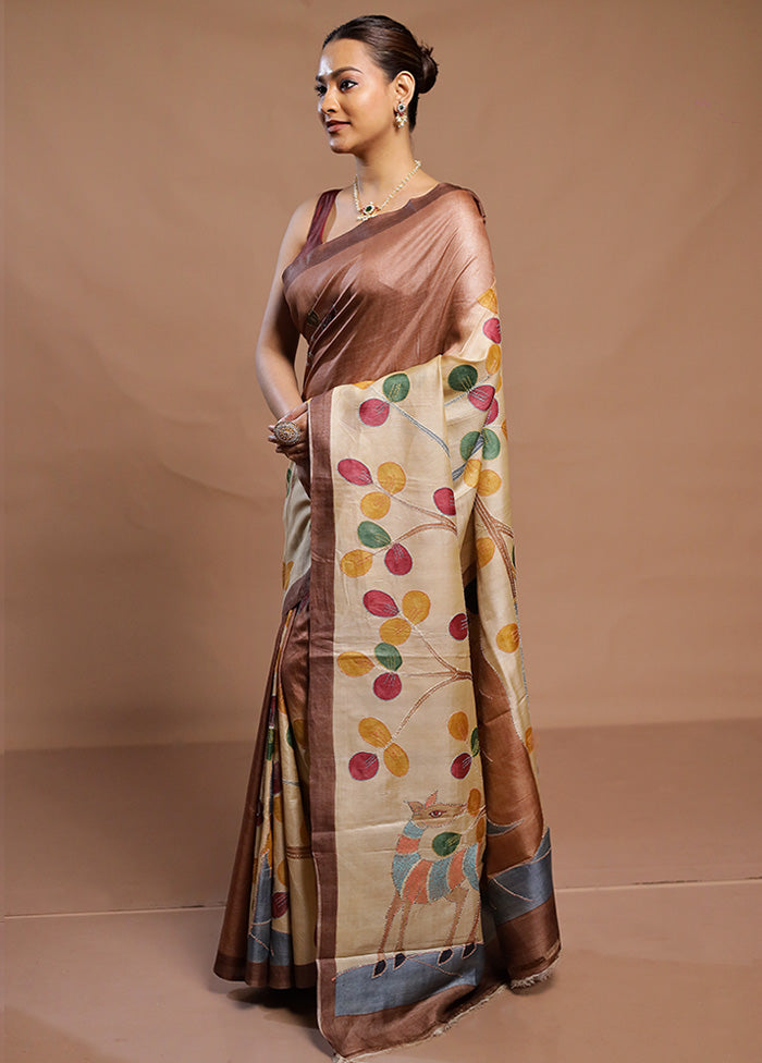 Multicolor Handloom Tussar Pure Silk Saree With Blouse Piece