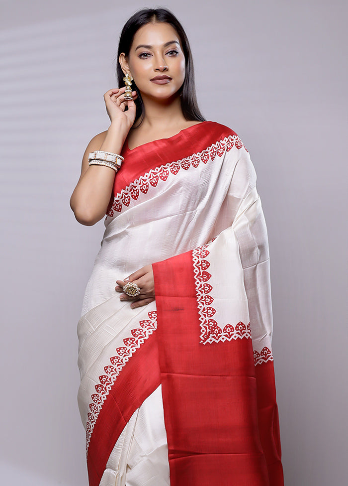 White Printed Pure Silk Saree Without Blouse Piece - Indian Silk House Agencies