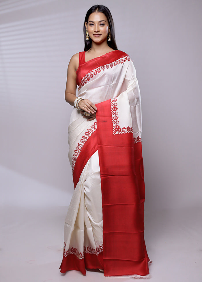 White Printed Pure Silk Saree Without Blouse Piece - Indian Silk House Agencies