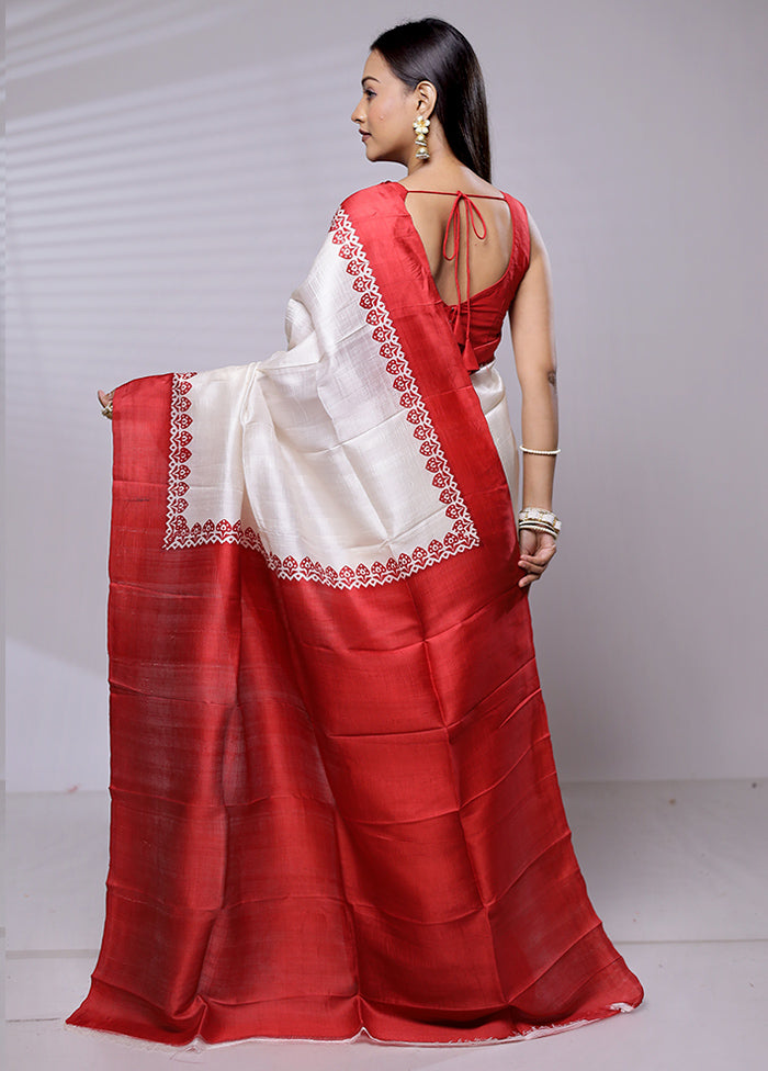 White Printed Pure Silk Saree Without Blouse Piece - Indian Silk House Agencies