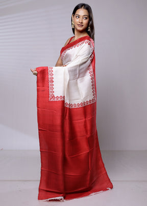 White Printed Pure Silk Saree Without Blouse Piece - Indian Silk House Agencies