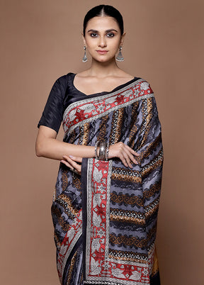 Black Printed Pure Silk Saree Without Blouse Piece