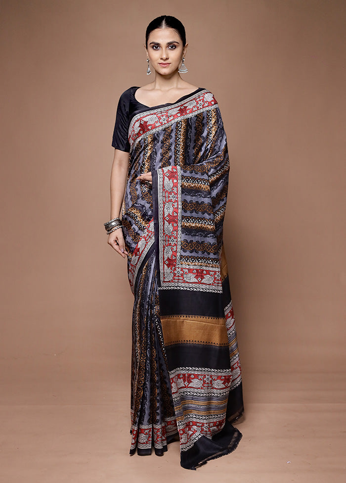 Black Printed Pure Silk Saree Without Blouse Piece