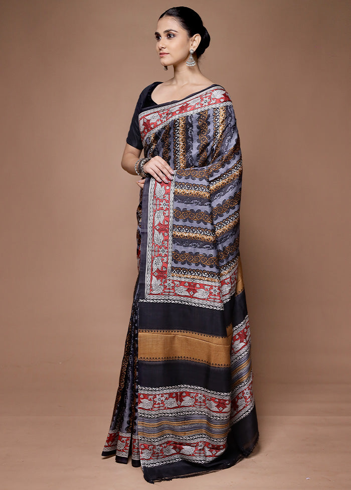 Black Printed Pure Silk Saree Without Blouse Piece