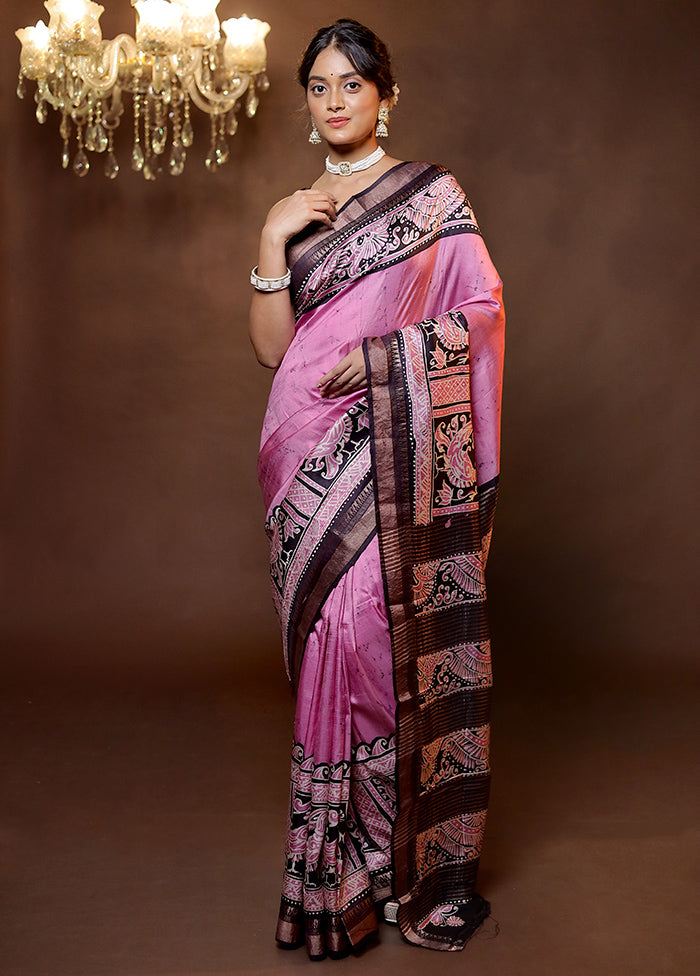 Purple Handloom Printed Pure Silk Saree Without Blouse Piece
