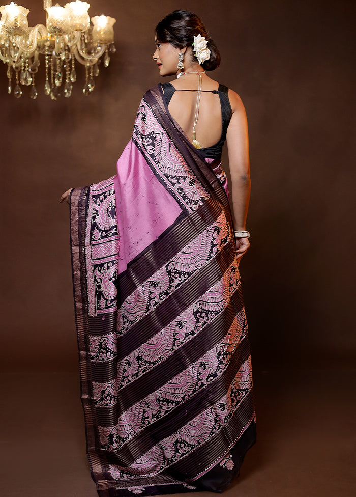 Purple Handloom Printed Pure Silk Saree Without Blouse Piece